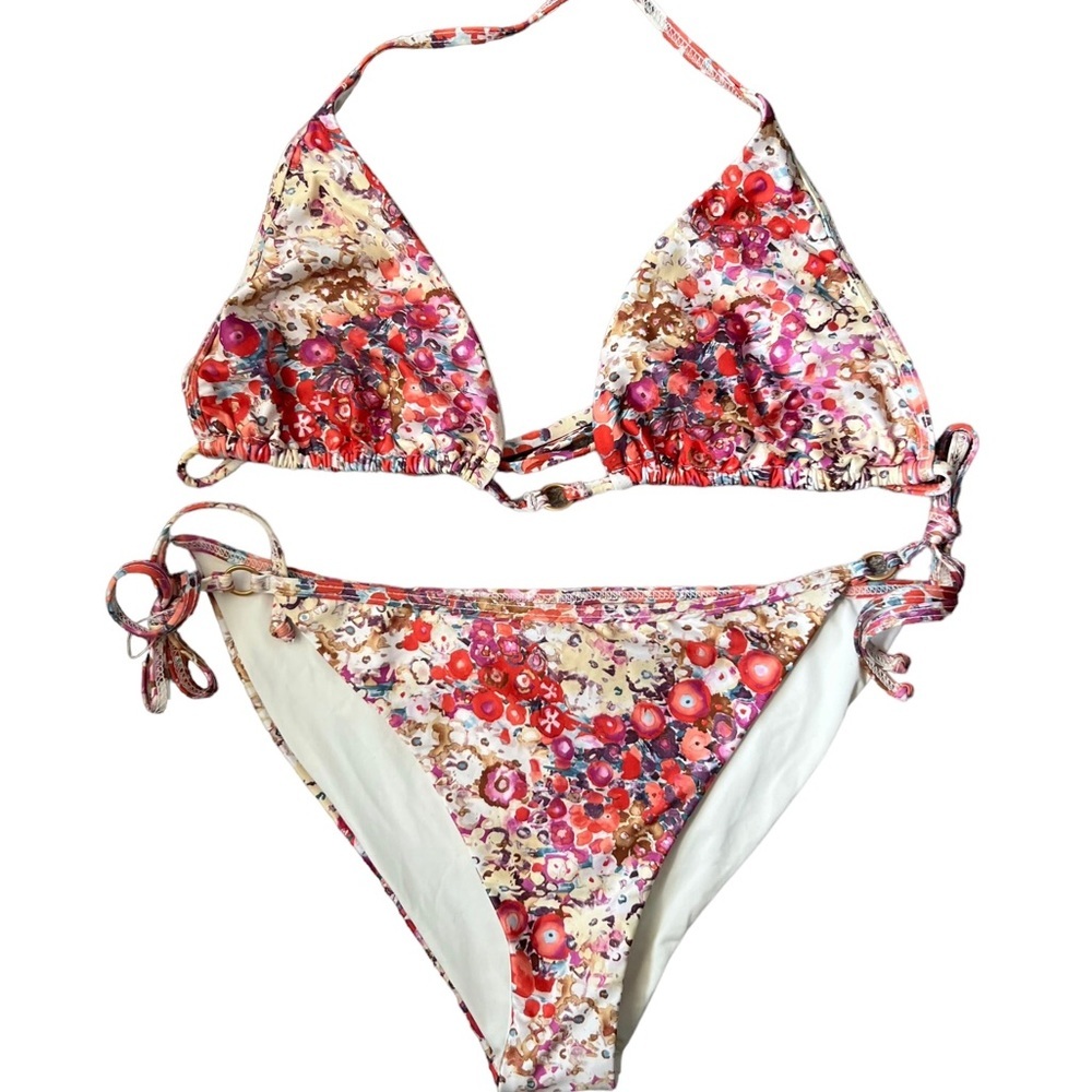 L*Space Floral Triangle Top + Side Tie Bikini Bottom Red Size Large